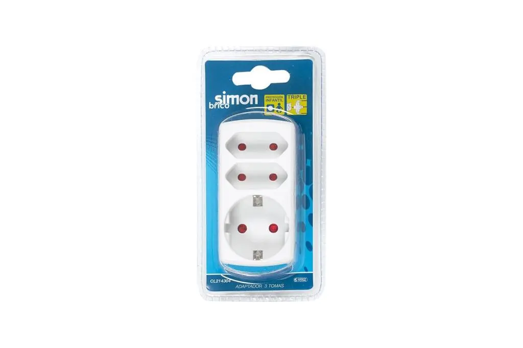 ADAPTADOR 2 TOMAS FRONTAL 10A + 1 TOMA 16A 250V BLANCO SIMON BRICO